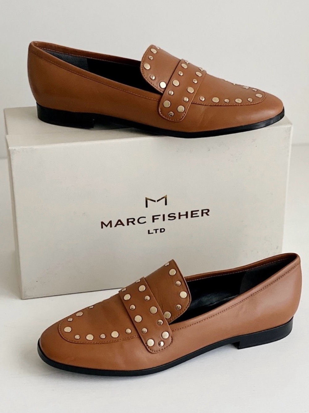 NWOT Marc Fisher Zimma Brown Leather Studded Loafers